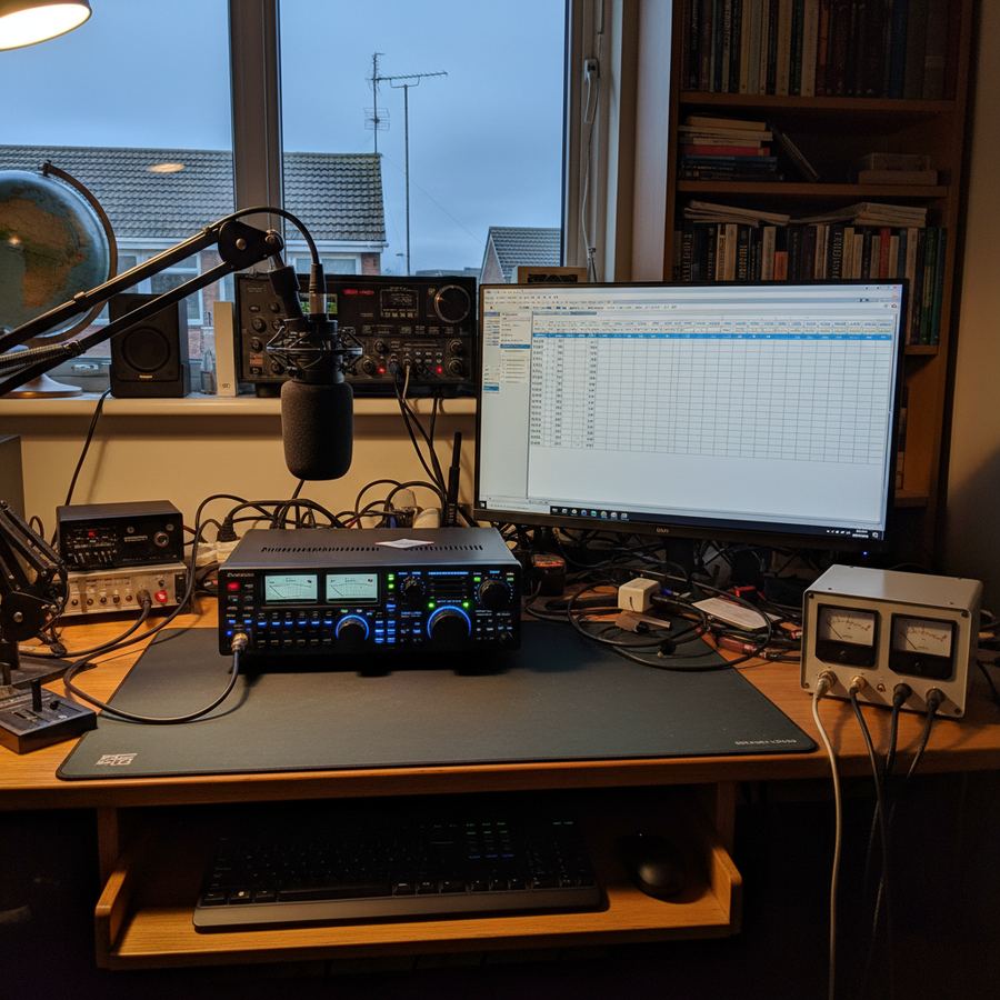 Ham radio station with HF transceiver and microphone